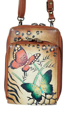 #ad ANUSCHKA Leathe Hand Painted Crossbody RFID Organizer Bag Animal Print Butterfly