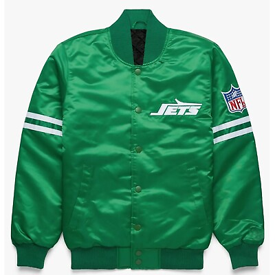 #ad Men#x27;s 80s New York Jets Green Satin full snap Baseball Lettermen Varsity Jacket