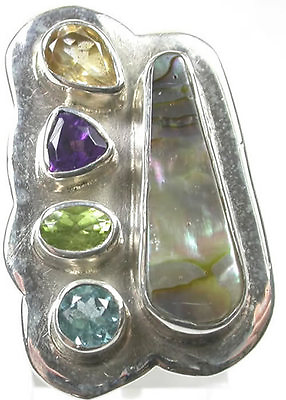#ad Ring amp; Abalone Blue Topaz Peridot Amethyst amp; Citrine Statement Sterling Silver