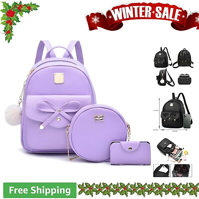 #ad Girls Bowknot Leather Backpack Fashionable and Versatile Purple