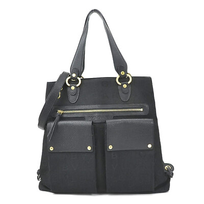 #ad Auth BVLGARI Handbag Shoulder Bag Black Canvas Leather Goldtone e57431a