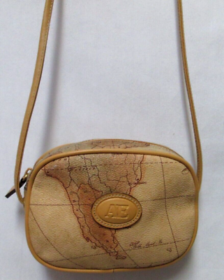 #ad Vintage Allan Edward AE faux leather Map Geography Crossbody bag purse zip Small