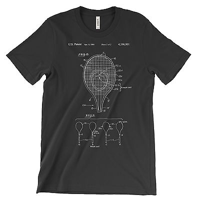 #ad Tennis Racket Patent T Shirt.100% Cotton Soft Comfy Tee on Black White or Gray