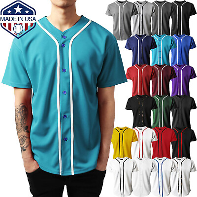 #ad Mens Baseball JERSEY Raglan Plain T Shirt Team Sport Button Fashion Tee Casual
