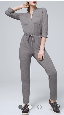 #ad WHBM Zip Front Soft Jumpsuit Gray One Piece Roll Tab Sleeve Size 14