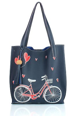 #ad New Women#x27;s Pu Material Tote Bag For Girls Stylish Handbag Cycle Print Blue