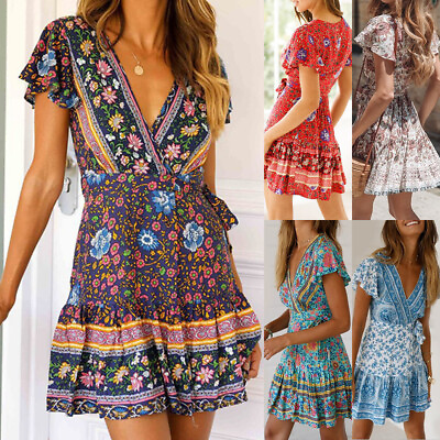 #ad Women Boho Floral Mini Wrap Dress Ruffle Sleeve Ladies Beach Holiday Sundress