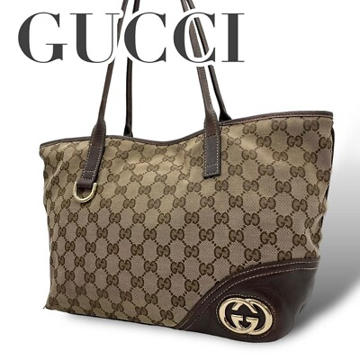 #ad Gucci Brown GG Canvas Leather Tote Bag Gold Hardware Interlocking 8.7x15x4.3quot;