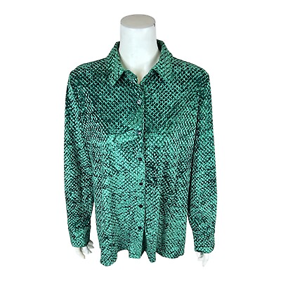 #ad Dennis Basso Women#x27;s Textured Velvet Button Front Big Shirt Emerald 3X Plus Size