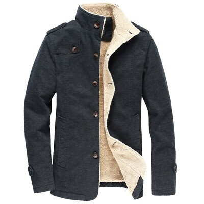 #ad Winter Men#x27;s Stand Collar Single Breasted Fleece Lined Warm Jacket Cotton Casual