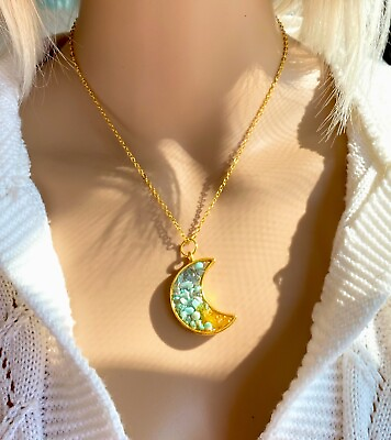 #ad Amazonite Citrine Gemstone Moon Pendant Necklace Healing Stone Gold Chain 16”