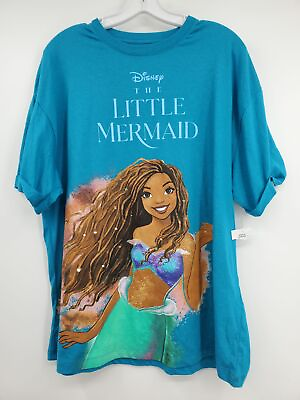 #ad Disney Women#x27;s Blue The Little Mermaid Crew Neck Pullover Graphic T Shirt Size S
