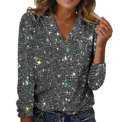 #ad Women#x27;s V Neck Loose T Shirt Blouse Tops Casual Solid Tops Sequin Long Sleeved