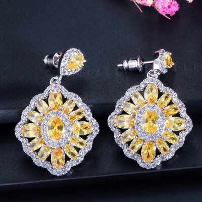 #ad Silver Plated Cubic Zircon CZ Dangle Drop Earrings Fashion Brand Yellow Jewelry