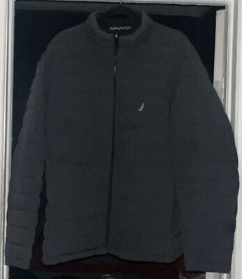 #ad Nautica Puffer Jacket Black Blue Reversible Hip Length Mens Size XL