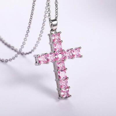 #ad Silver amp; Pink Cross Necklace CZ Cubic Zircon Diamond PendantJesus ChurchBling