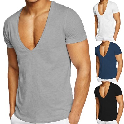 #ad Mens Short Sleeve T shirt Deep V Neck Sports Gym Muscle Bodybuilding Tee Tops