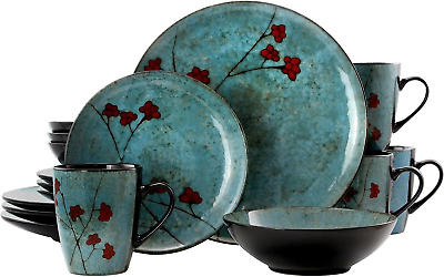 #ad round Stoneware Floral Dinnerware Dish Set 16 Piece Blue with Red Accents
