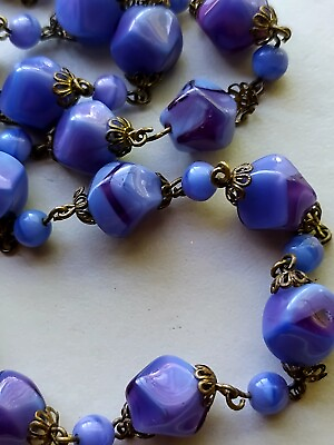 #ad Vintage Purple Periwinkle Marbled Glass Filigree Necklace