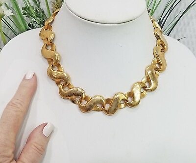 #ad Vintage Chunky Textured Gold Tone Linked Infinity Symbol Choker Necklace