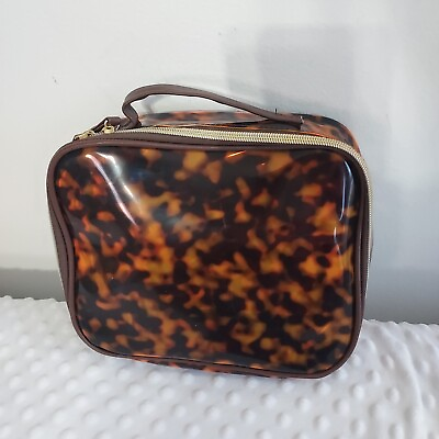 #ad Vintage Cosmetic Travel Bag Makeup Case Tortoise Shell Gold Zipper Luggage Pouch