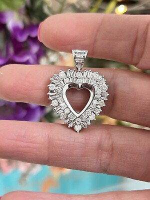 #ad 14k White Gold Ladies 1.50ct Round Diamond Heart Shape Pendant