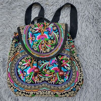 #ad Oriental Thai Print Embroidered Bucket Bag Backpack