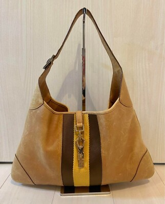#ad Gucci Hobo Bag GG Canvas Jackie Leather Sherry Line Leather Light Brown