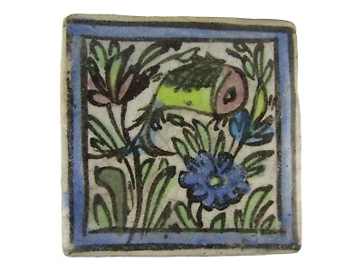 #ad Antique 19th Century Persian Pottery Handmade Tile 4 In. Floral and Fish