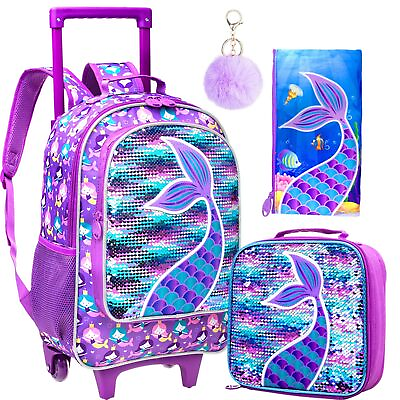 #ad Rolling Backpack for Girls Roller Wheels Kids Bookbag Wheeled Suitcase Ele...
