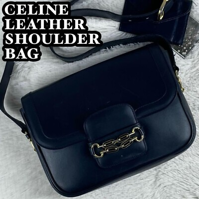#ad CELINE Leather Crossbody Shoulder Bag Horsebit Navy Blue Gold Hardware 8.7x7.1quot;