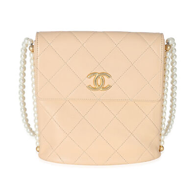 #ad Chanel Beige Quilted Calfskin Small Pearl Chain Hobo