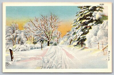 #ad Snow Covered Country Road Curt Teich Winter Scenes Vintage Linen Postcard