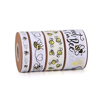 #ad Bee Ribbon 4 Rolls Total 40 Yards Bumble Baby Bee and Flower Ribbon White Bla...