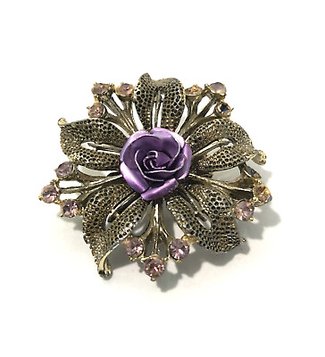 #ad Vintage Purple Flower Brooch Pin W Purple Rhinestones 1.75” Round. Silver Tone