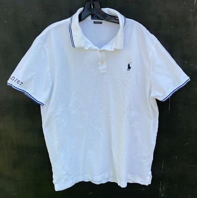 #ad Polo Ralph Lauren Custom Slim Fit Polo Shirt Men#x27;s XL White w Blue Trim Cotton
