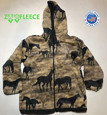 #ad ZooFleece Winter Beige Horses Kids Boys Girls Jacket Hood Coat Reversible Warm