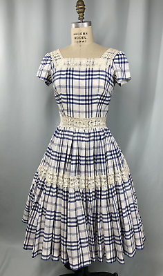 #ad Vintage Dress SIZE SMALL blue white plaid picnic summer 50#x27;s 60#x27;s full skirt