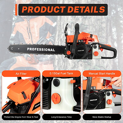 #ad 58cc Gasoline Powered Chainsaw Woodworking Cutting Hand Saw 20quot; Bar Chain Saw