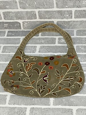 #ad Unbranded Medium Sz Green Canvas Floral Embroidered Purse Shoulder Bag