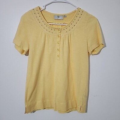 #ad Studio Works Shirt Womens Petite Medium PM Yellow Short Sleeve Pullover Beads