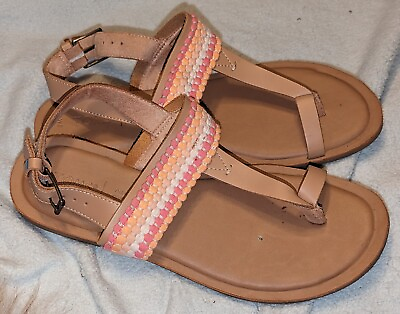 #ad Toms Bree Sandals Honey Leather Woven Pink amp; Orange Trim Toe Loop Size 8