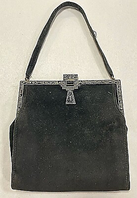 SILVER MARCASITE AND BLACK ONYX SUEDE DECO EVENING BAG