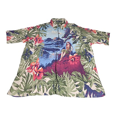 #ad Vintage Nautica Floral Hula Girl Linen Hawaiian Shirt Men#x27;s sz XL COLORFUL B44