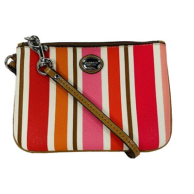 Coach Pink Orange And White Stripe Small Wristlet Wallet Clutch F5169 $29.99