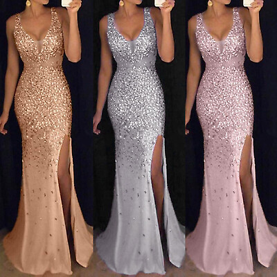 #ad Sexy Women Gown Ball For Evening Party Bridesmaid Sequin Prom V Neck Dress