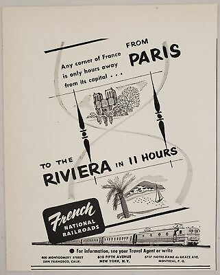 #ad 1951 Print Ad French National Railroads Paris to Riviera in 11 Hours