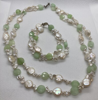 #ad Vintage White Button Pearl amp; Green Jadeite Bracelet amp; Necklace Set Sterling 77g