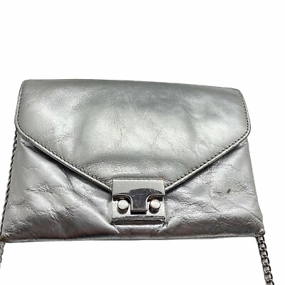 #ad Envelope Lock Clutch Purse Loeffler Randall Silver Leather Lightweight Bag 6quot;X8quot;