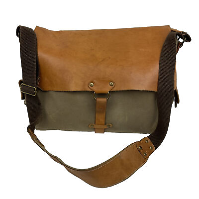 #ad Enmon Crossbody Messenger Bag Leather Khaki Canvas Adjustable Shoulder Strap Lrg